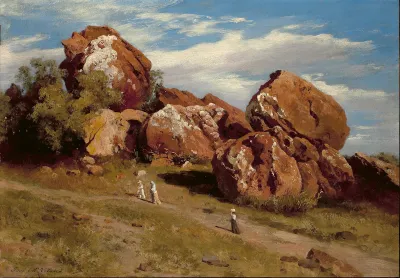 A painting of several people walking on a path beside several large boulders.