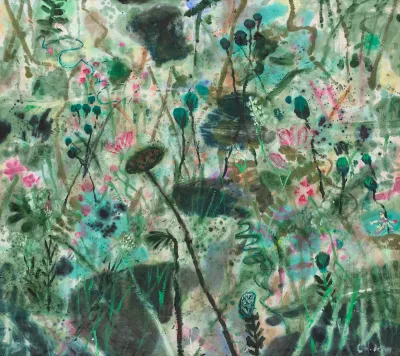 A painting of a forest thick ferns.