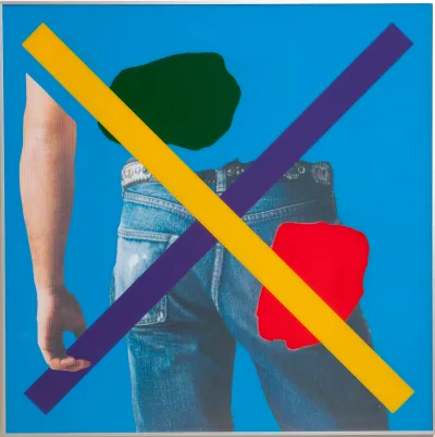 A painting of a hand and jeans against a background of blue. Green and red splotches appear on top, along with a yellow and purple X.