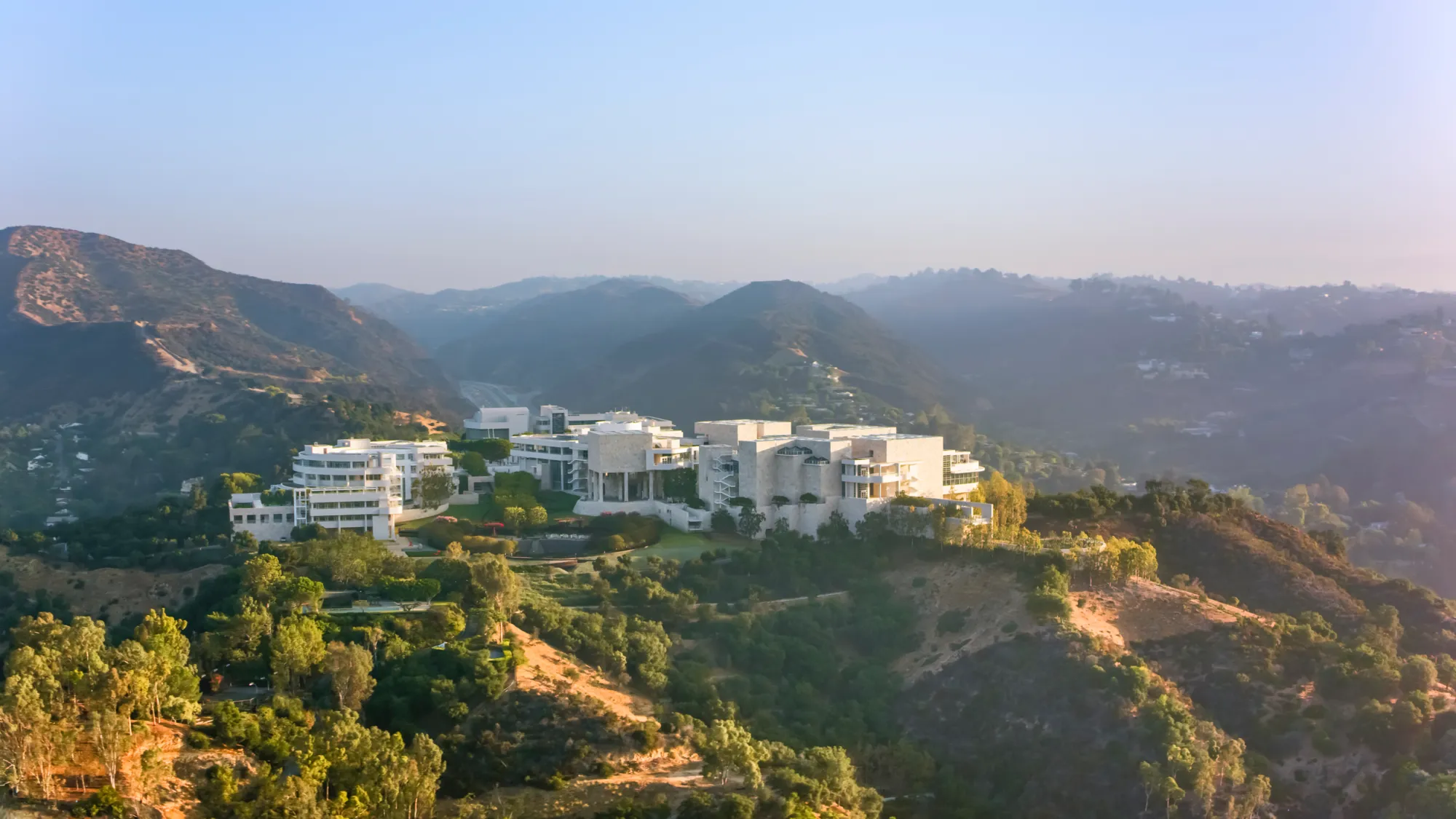 Aerial view of the Getty center, art museum in Los Angeles, California, USA.