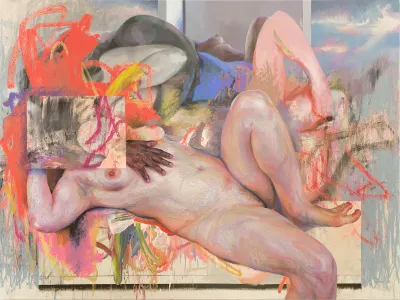 A painting of a partially visible nude female figure whose face is hidden beneath an abstract square and an orange scrawl. Another figure who isn