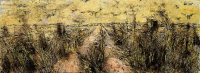 A painting of a hay field with crows flying over it. The sky is painted gold.