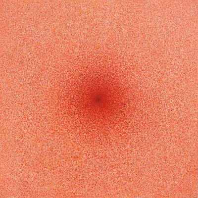 An abstract painting featuring many red dots around a central, bold red dot.