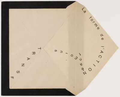 An artwork consisting of an open beige envelope that is mounted to black and white paper. Text on the envelope reads