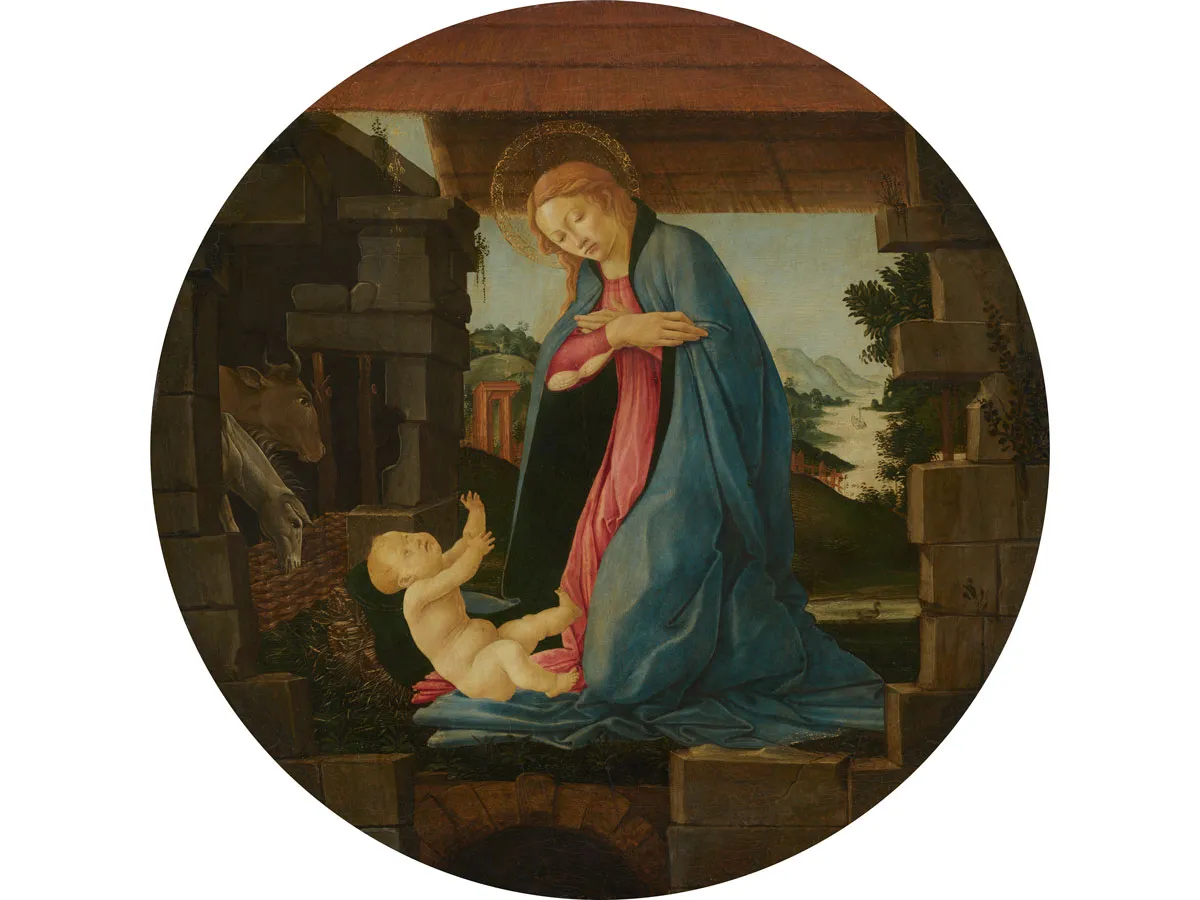 A circular painting showing the Virgin Mary kneeling over a nude Christ child.