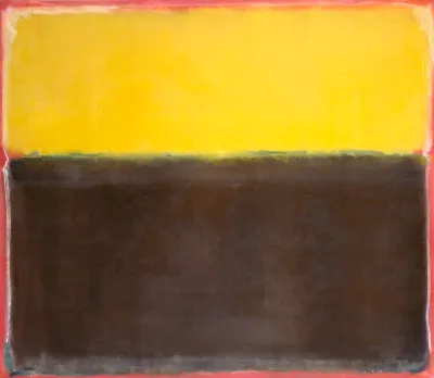 An abstract painting with the upper third being a bright yellow, the lower two-thirds a muddy black. The border is a light red and each section has a white outline.