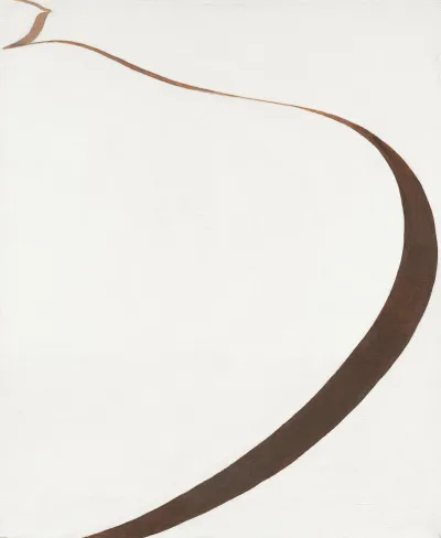 A semi-abstract painting that is moving white with a brown curve (of a road) curving throughout like calligraphy.