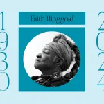 A headshot of a Black woman in profile with headscarp and long braided hair, in the middle of the dates 1930 and 2024.