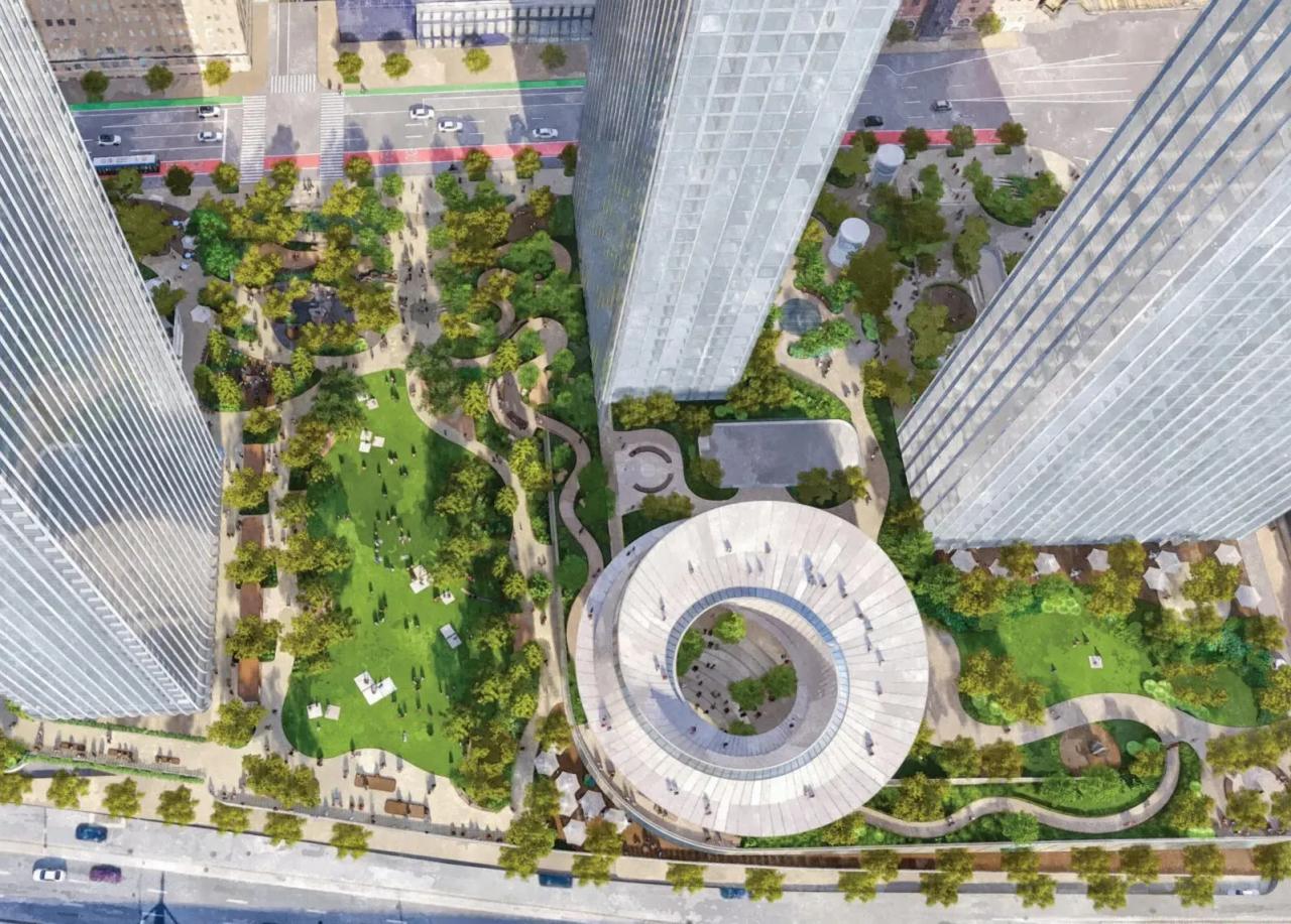 A top-down view of the proposed Freedom Plaze. The prospective Museum of Freedom and Democracy is the circular building in the center.