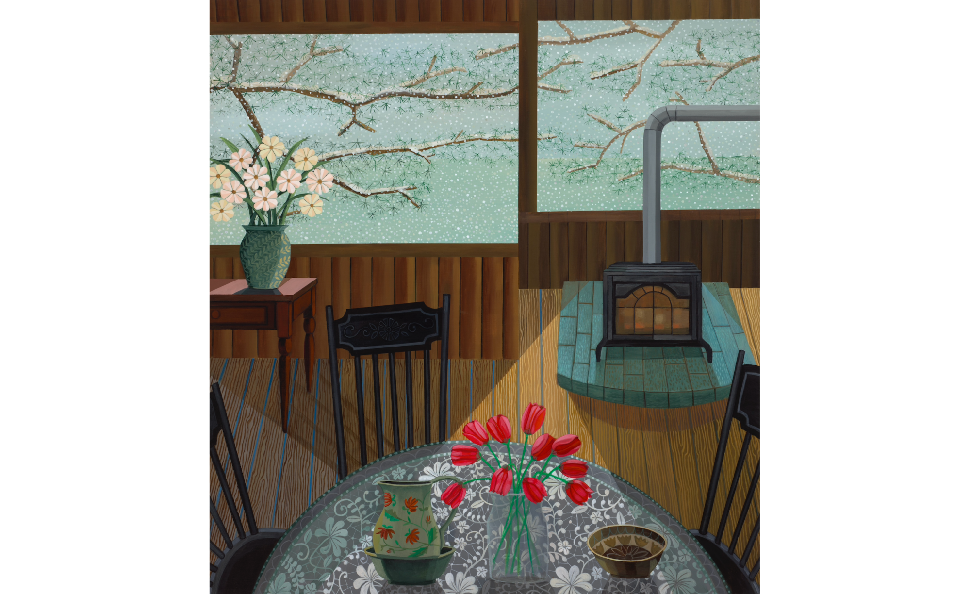 A painting of a living room and hearth with red tulips in the foreground.