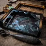A broken glass box in the looted Kherson Regional Museum amid the Russian invasion of Ukraine, 2022.