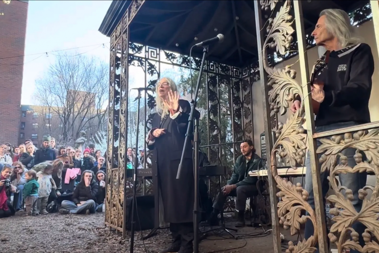 Patti Smith performing at Elizabeth Street Garden rally, 2025.