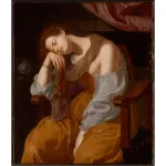 A painting of a white woman hunched over in a chair, with one hand holding up her head. Her eyes are closed, and she is seated before a red curtain.