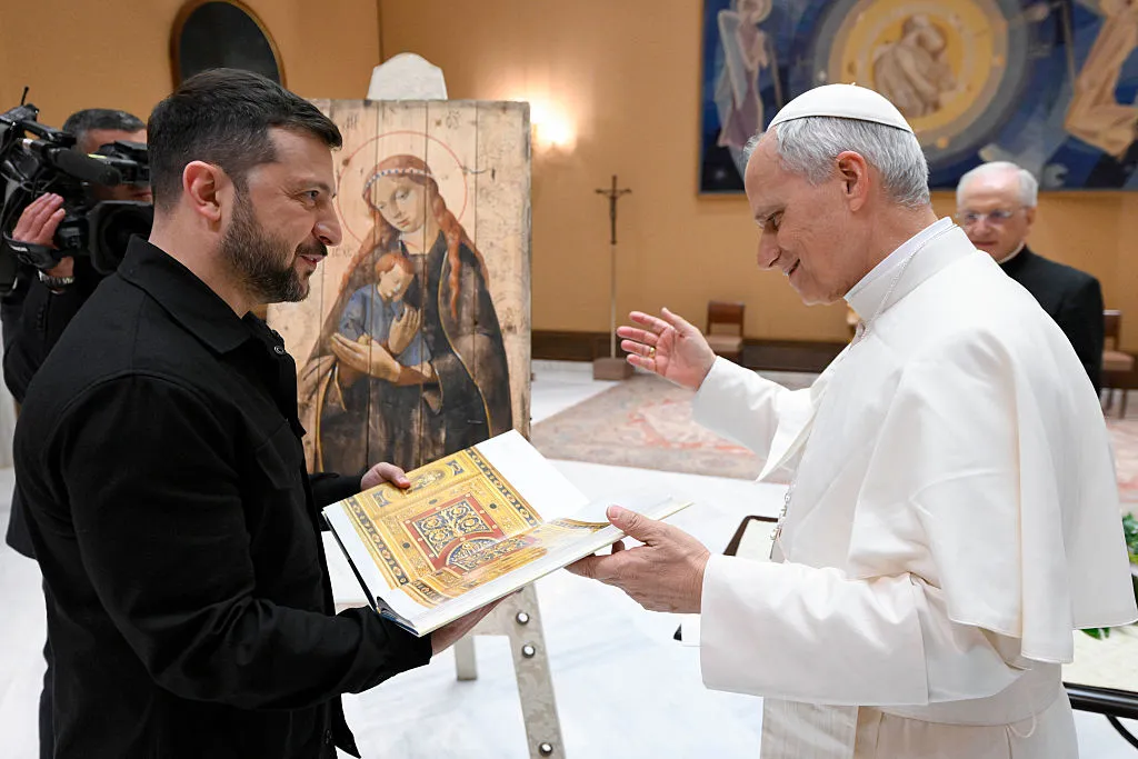 Pope Leo XIV meets with the president of Ukraine Volodymyr Zelenskyy at the end of the Inauguration Mass in St. Peter