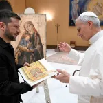 Pope Leo XIV meets with the president of Ukraine Volodymyr Zelenskyy at the end of the Inauguration Mass in St. Peter