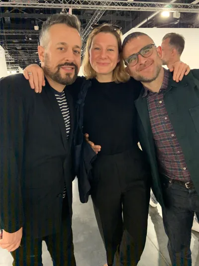 Snapshot of, from left, Sam Gordon, Jenni Crain, and Jacob Robichaux at Art Basel Miami Beach, 2019.