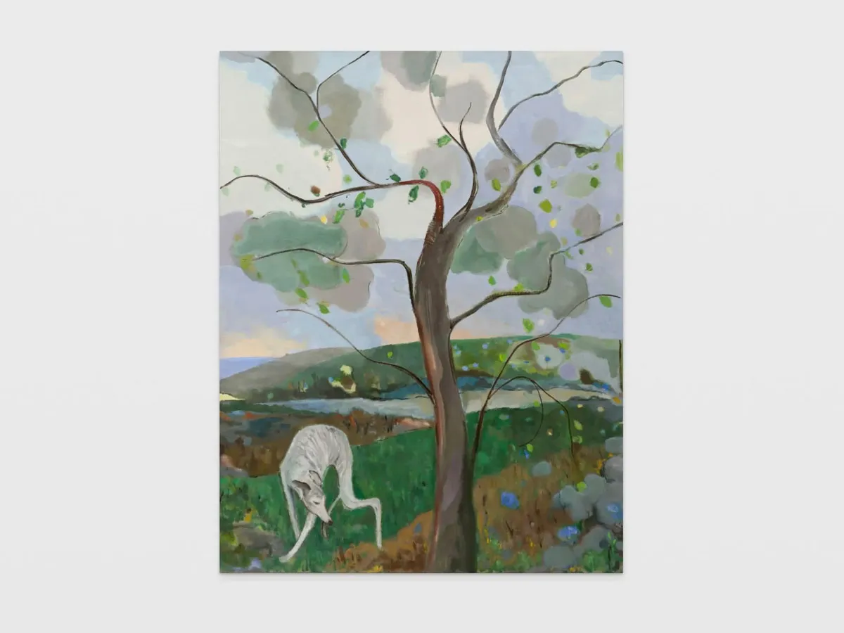 A painting of a tree with a dog beside it.