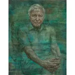 A portrait of David Attenborough by artist Jonathan Yeo. The main color is green. It was commissioned by the Royal Society.
