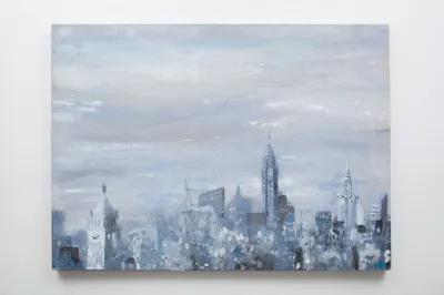 A painting of the New York cityscape on a blue wintry morning.