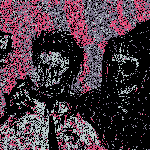 A fuzzy moving image of a hooded skeleton and a person posing for a photo.