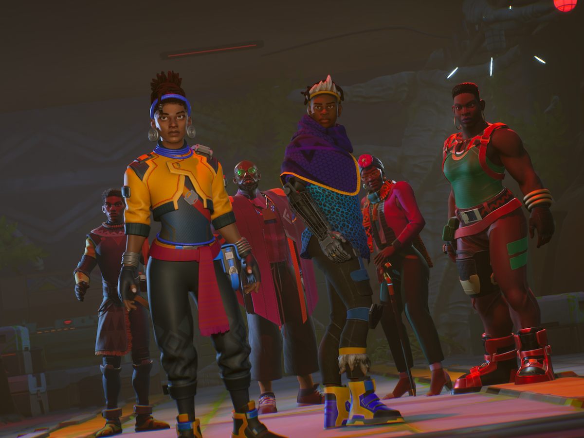 Several Black characters dressed in futuristic clothes look at the camera in a video game screenshot.