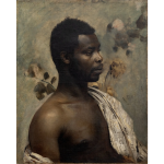 A painting of a Black man set against a grayish background with barely visible flowers.