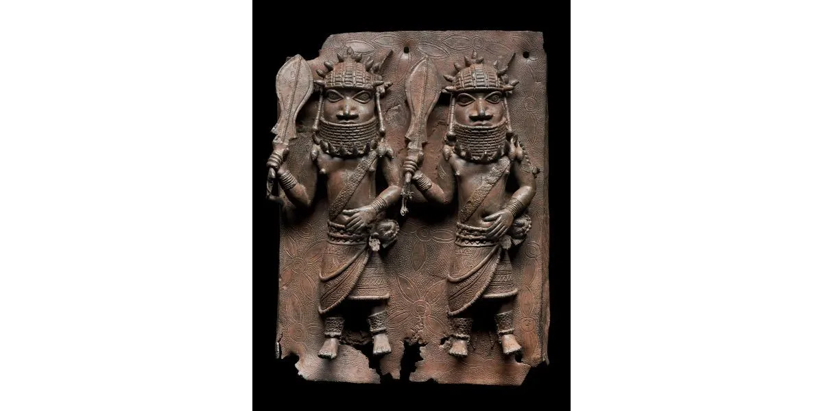 The bronze Relief Plaque Showing Two Officials with Raised Swords (16th century) was one of two works recently returned to the Kingdom of Benin by the MFA Boston. It was donated to the museum by Robert Own Lehman, art collector and head of the Lehman Brothers investment bank.