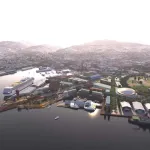 A rendering of an art park with a cruise ship docked in its port.