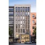 A rendering of tall building on a city street.