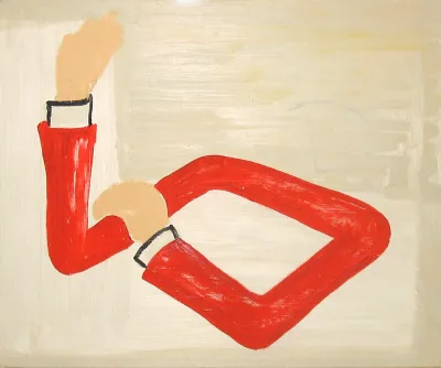 A painting of two bodiless arms making an obscene hand gesture.
