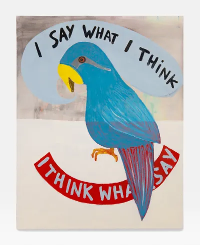 A painting of a parrot with the words 