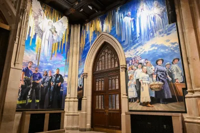 A new mural painted by artist Adam Cvijanovic, the north and west panels seen here, was unveiled at St. Patrickís Cathedral on Wednesday, Sept. 17, 2025, in New York. The mural, which is the largest permanent artwork commissioned for the cathedral in its 146-year history, celebrates the 1879 Apparition at Knock, Ireland, the faith of generations of immigrants to New York, and the service of New York Cityís first responders. (Diane Bondareff/AP Content Services for the Archdiocese of New York)