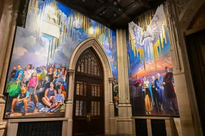A new mural painted by artist Adam Cvijanovic, the south and west panels seen here, was unveiled at St. Patrickís Cathedral on Wednesday, Sept. 17, 2025, in New York. The mural, which is the largest permanent artwork commissioned for the cathedral in its 146-year history, celebrates the 1879 Apparition at Knock, Ireland, the faith of generations of immigrants to New York, and the service of New York Cityís first responders. (Diane Bondareff/AP Content Services for the Archdiocese of New York)