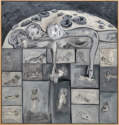 A grey-toned painting of three people sleeping on top of each other. They lie above various images of people having sex.