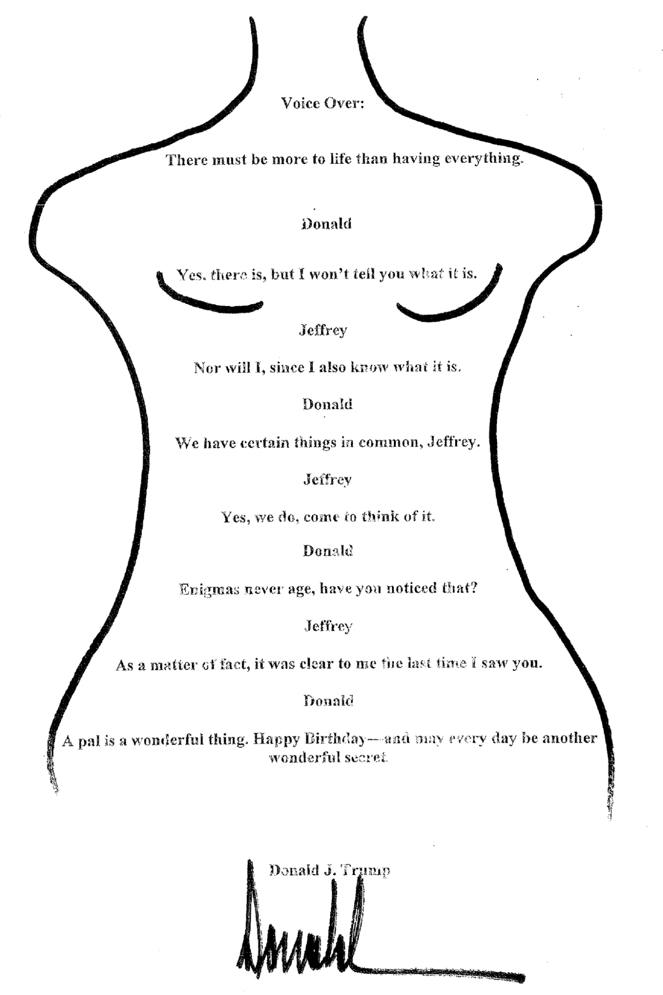 A crude drawing of a woman with a birthday message in the center, and the name Donald signed at the bottom.