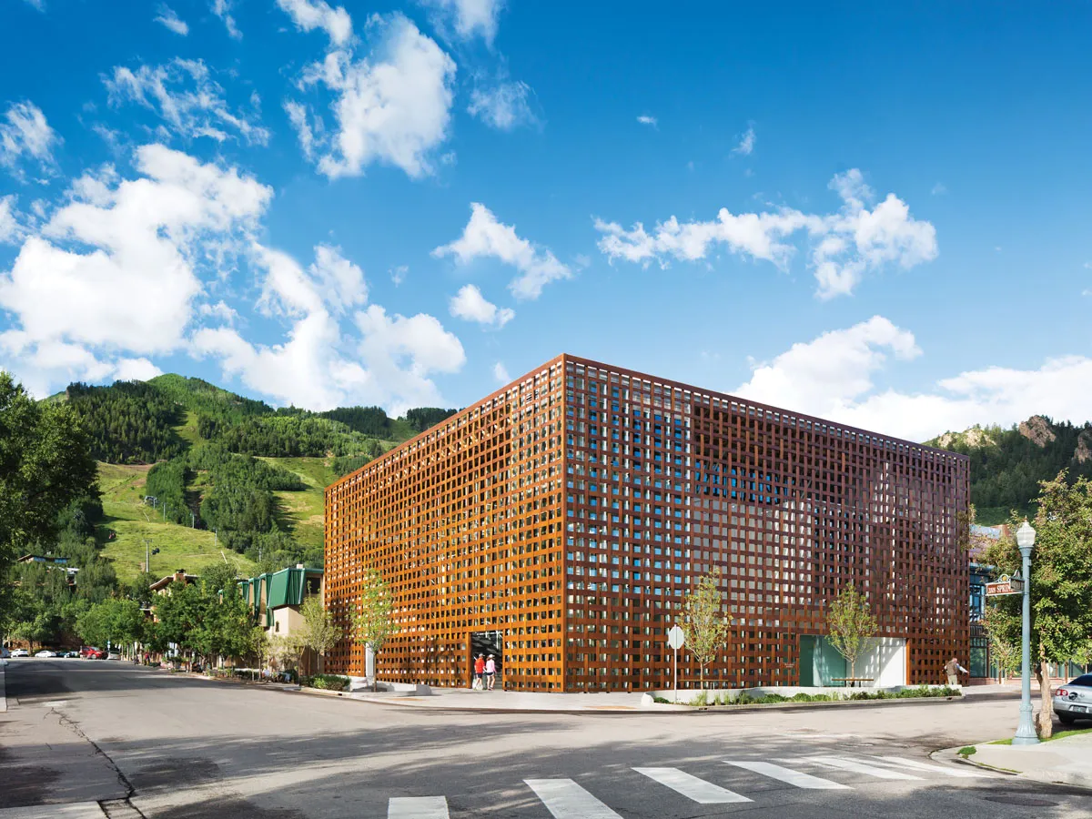 View of the lattice-clad Aspen Art Museum.