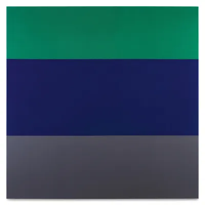 A painting divided into three big stripes of green, blue, and grey.