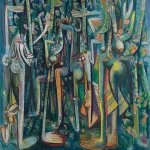 A square canvas with mostly blue and green hues showing fantastical figures half-hidden in dense stands of sugar cane
