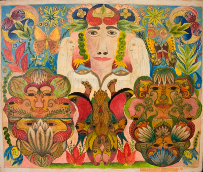 A large face between two elongated white figures. Other faces merging with plants surround this central face.