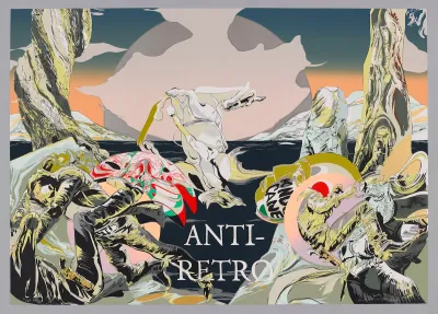 A print showing layered images of people tumbling through space. At the center is text reading 