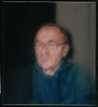 A blurry painting of a man wearing glasses and a blue button-up.