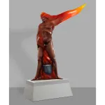 A fiberglass sculpture of a Brown man whose body melds into a flame.