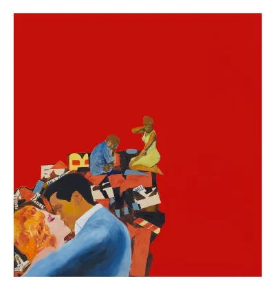 A painting of a couple kissing against a bright red background.