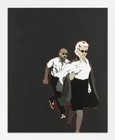A grey-toned painting of a woman in sunglasses being pursued by a man.