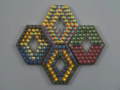 Four oval-shaped structures composed of plastic lights.