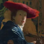 A young white woman seated in a chair pictured from her waist up. She has turned herself around to face the viewer, placing one arm the back of her chair. She wears a deep blue shirt that has white ruffles and a bright red hat. Behind her is a tapestry that depicts a building.
