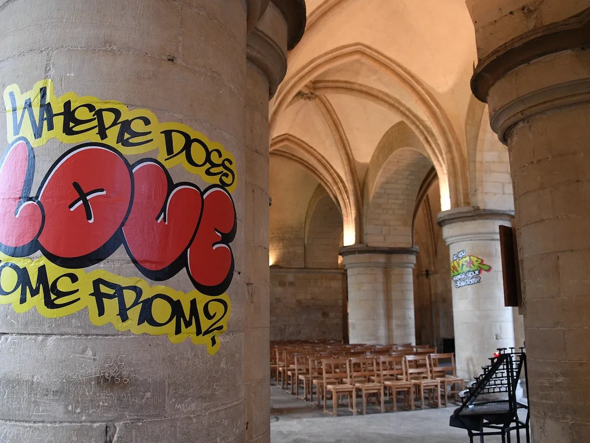 A graffiti-like decal reading