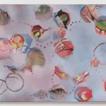 An abstract painting that appears to be different shapes floating in an icy pond.