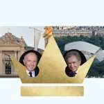 two small cicular photos of men in suits with a gold crown graphic, in the background are exterior photos of two museums