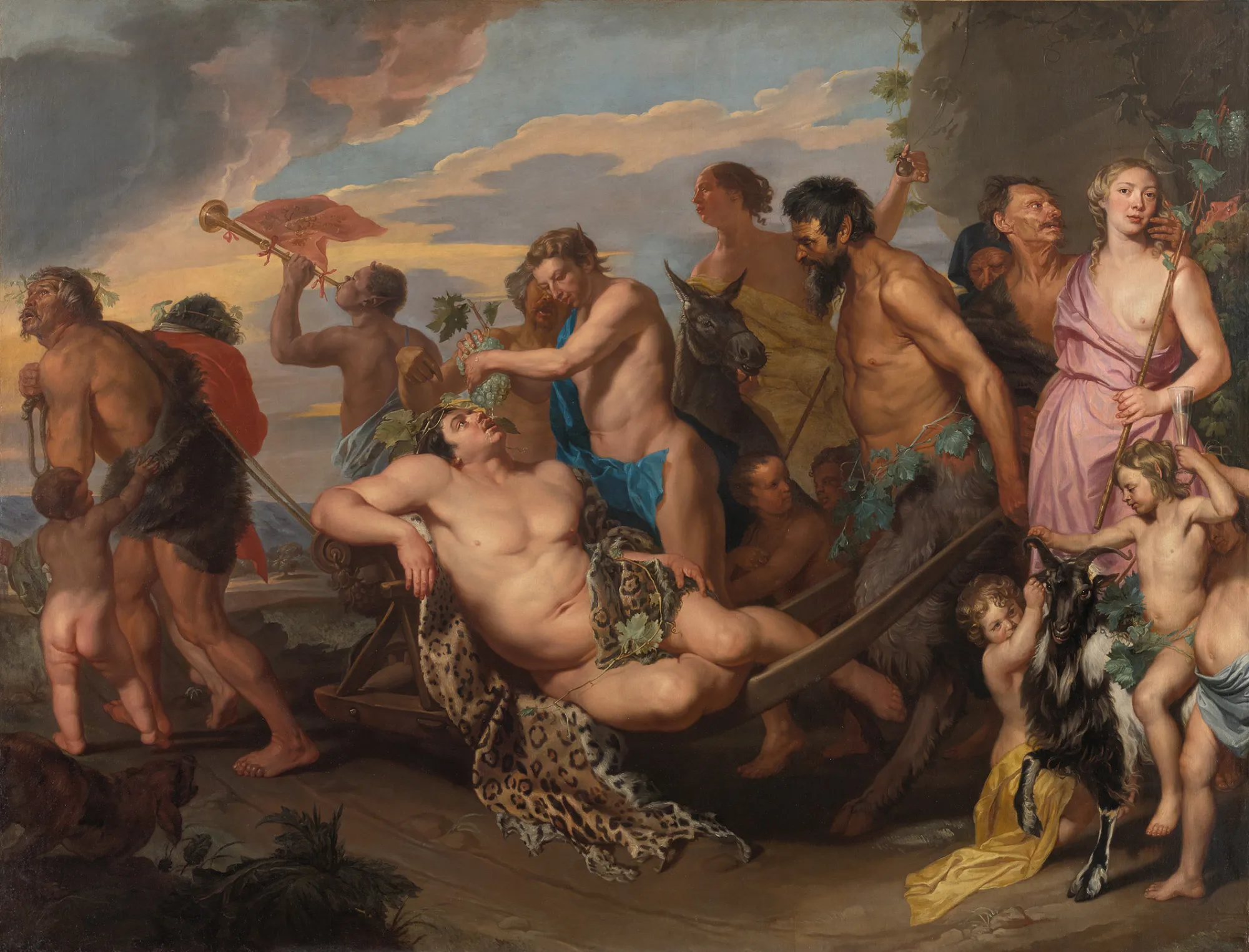 large-scale painting showing a crowd of nude men and children surrounding the wine god Bacchus in the middle